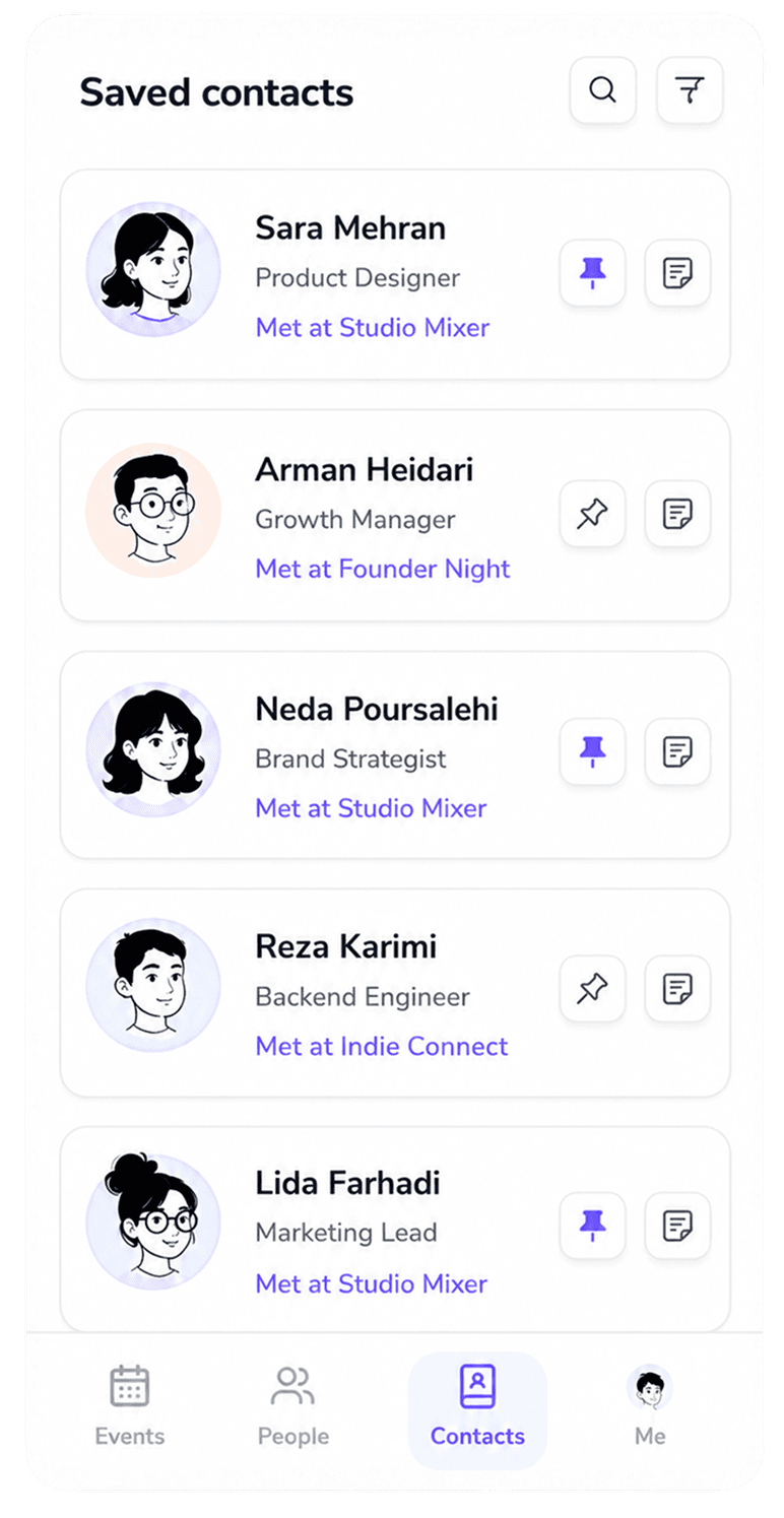 Saved contacts app screen